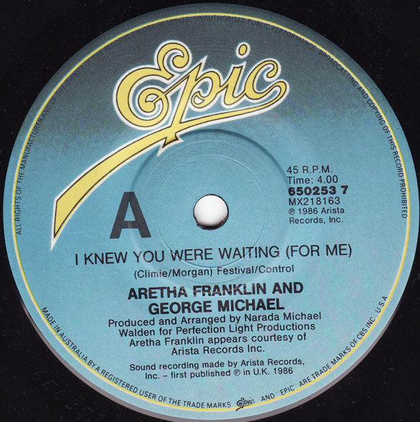 Aretha Franklin & George Michael : I Knew You Were Waiting (For Me) (7", Single)