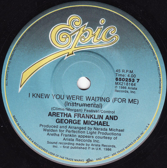 Aretha Franklin & George Michael : I Knew You Were Waiting (For Me) (7", Single)