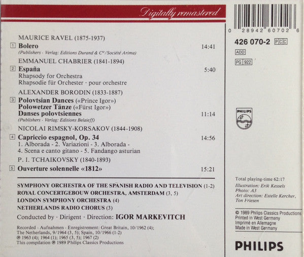 Igor Markevitch : Bolero · Overture «1812» · España · Capriccio Espagnol · Polovtsian Dances  (CD, Comp, RE, RM)
