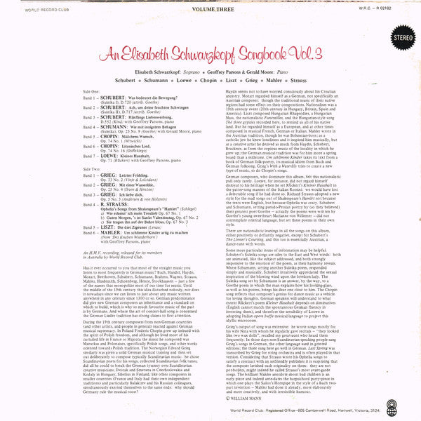 Elisabeth Schwarzkopf : An Elisabeth Schwarzkopf Song Book, Vol. 3 (LP, Album, Club, RE)