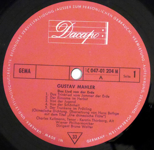 Bruno Walter Conducts Mahler* - Kerstin Thorborg & Charles Kullman - Vienna Philharmonic Orchestra* : Das Lied Von Der Erde; Ich Bin Der Welt Abhanden Gekommen (LP, Mono, RE)