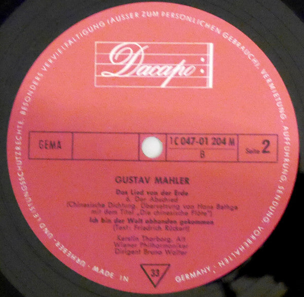 Bruno Walter Conducts Mahler* - Kerstin Thorborg & Charles Kullman - Vienna Philharmonic Orchestra* : Das Lied Von Der Erde; Ich Bin Der Welt Abhanden Gekommen (LP, Mono, RE)