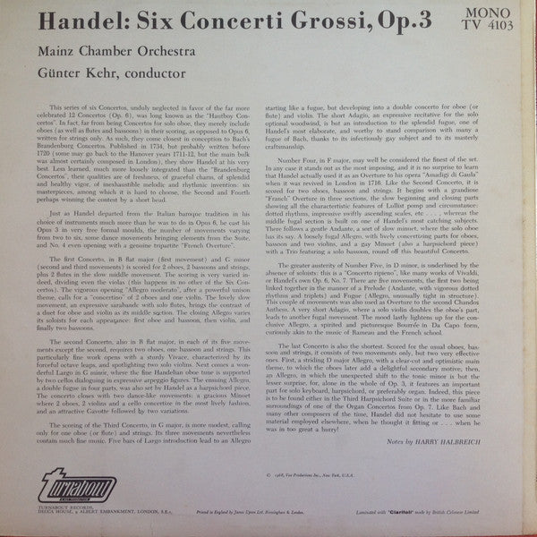 Georg Friedrich Händel, Mainzer Kammerorchester, Günter Kehr : Concerti Grossi Op. 3 (LP, Mono, RE)