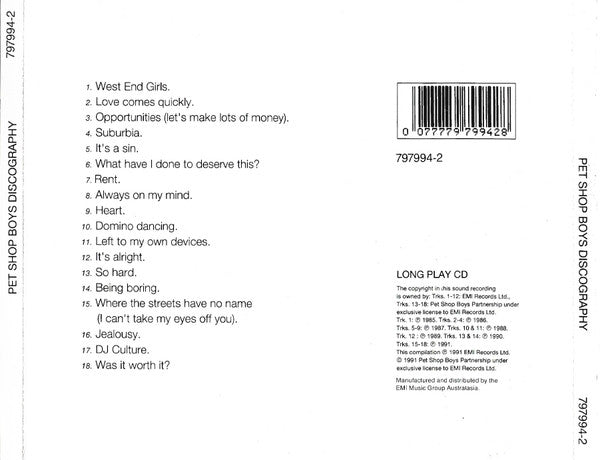 Pet Shop Boys : Discography (The Complete Singles Collection) (CD, Comp, RP, EMI)