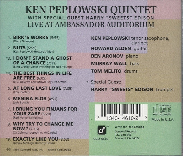 The Ken Peplowski Quintet With Special Guest Harry "Sweets" Edison* : Live At Ambassador Auditorium (CD, Album)