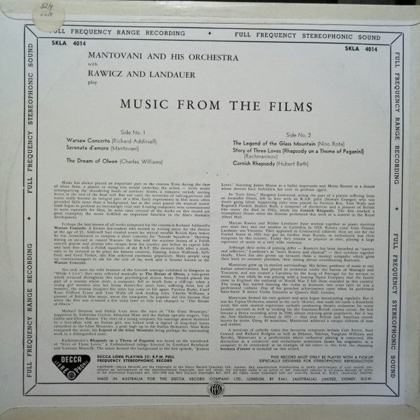 Mantovani And His Orchestra With Rawicz & Landauer : Music From The Films (LP, Album, Club)