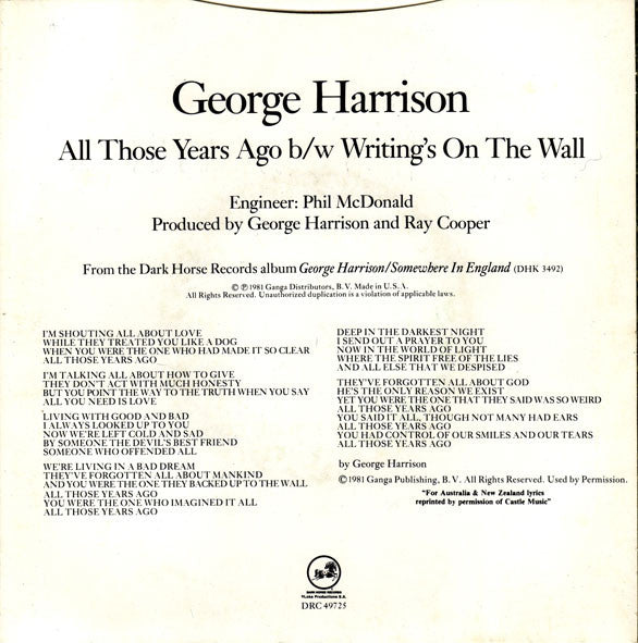 George Harrison : All Those Years Ago (7")