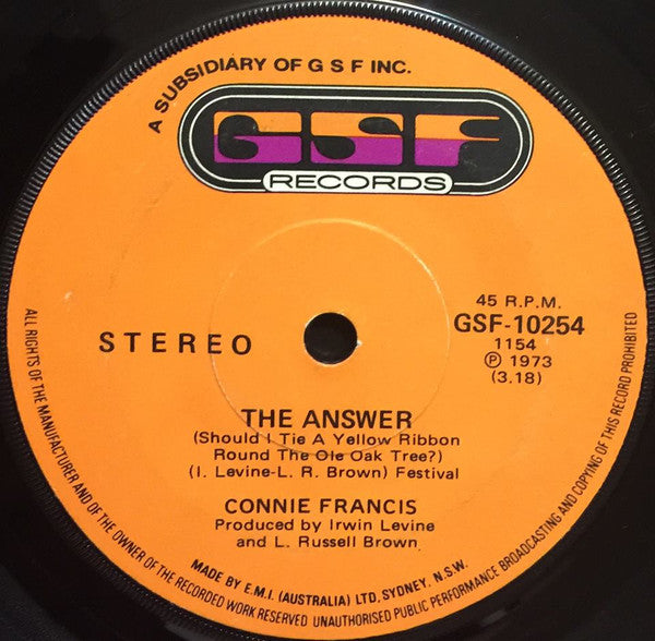 Connie Francis : The Answer (Should I Tie A Yellow Ribbon Round The Ole Oak Tree?) (7", Single)