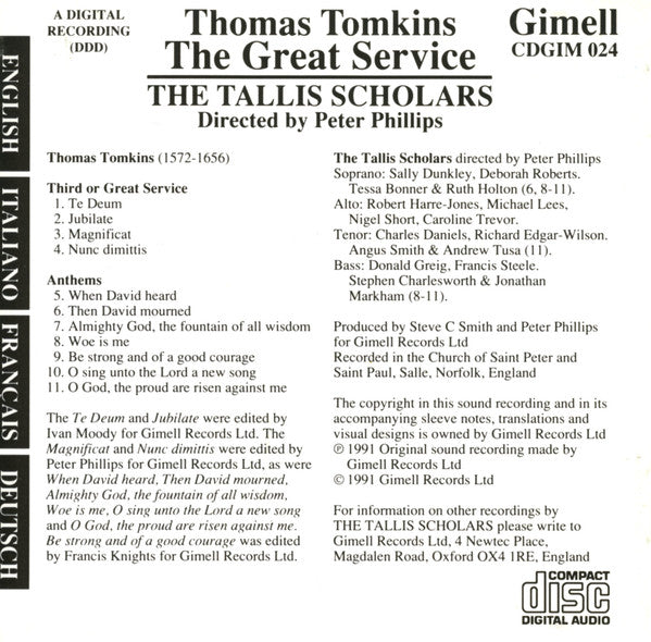 Thomas Tomkins - The Tallis Scholars - Peter Phillips (2) : The Great Service (CD, Album, RE)