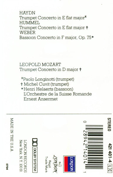 Haydn*, Hummel*, L. Mozart*, Weber* : Trumpet Concerto (Cass, Comp, Dol)