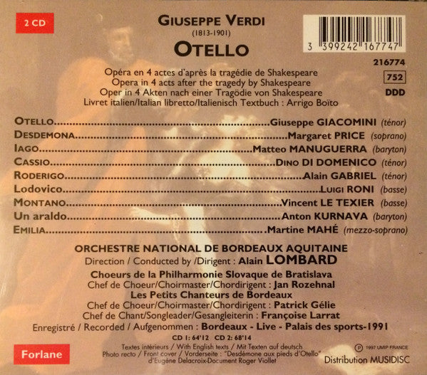 Verdi* / Giuseppe Giacomini, Margaret Price, Matteo Manuguerra, Orchestre National Bordeaux Aquitaine, Alain Lombard : Otello (2xCD, Album)