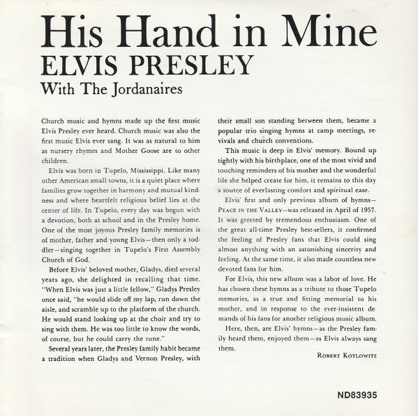 Elvis Presley : His Hand In Mine (CD, Album, RE)