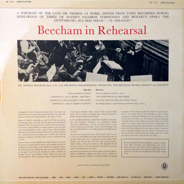 Sir Thomas Beecham : Beecham In Rehearsal (LP, Album, Mono, Club)