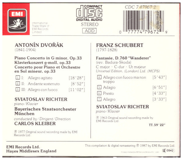 Dvořák*, Schubert* - Sviatoslav Richter, Bayerisches Staatsorchester, München*, Carlos Kleiber : Dvořák: Piano Concerto Op. 33 · Schubert: 'Wanderer" Fantasie, D. 760 (CD, Comp, RM)