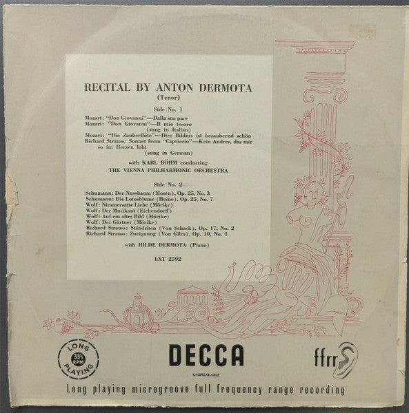 Anton Dermota, Robert Schumann, Hugo Wolf, Richard Strauss, Wolfgang Amadeus Mozart : Reicital (LP, Mono)