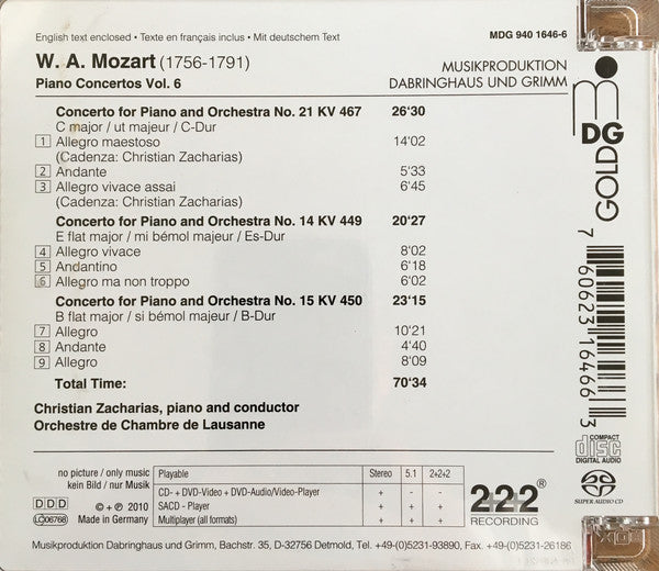 Mozart* : Orchestre De Chambre De Lausanne, Christian Zacharias : Piano Concertos Vol. 6 (SACD, Hybrid, Multichannel, Album)