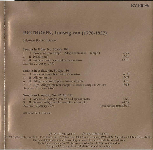 Beethoven* - Richter* : The Last Three Sonatas (CD, Comp, RM)