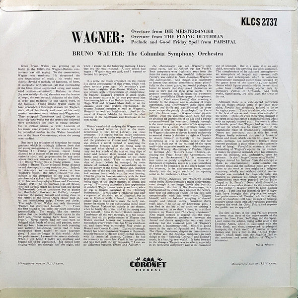 Richard Wagner - Bruno Walter, Columbia Symphony Orchestra : "Die Meistersinger" Overture / "The Flying Dutchman" Overture / Prelude And Good Friday Spell From "Parsifal" (LP)