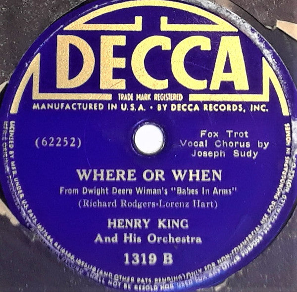 Henry King And His Orchestra : The Image Of You / Where Or When (Shellac, 10")
