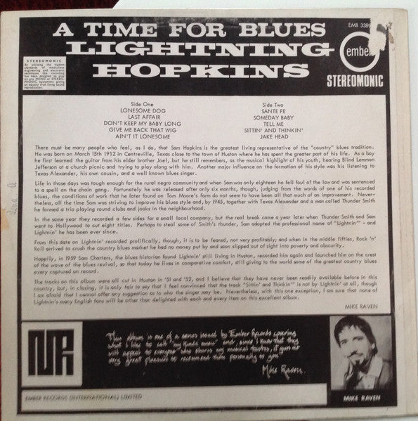Lightning Hopkins* : A Time For Blues (LP, Album, Comp, RE)