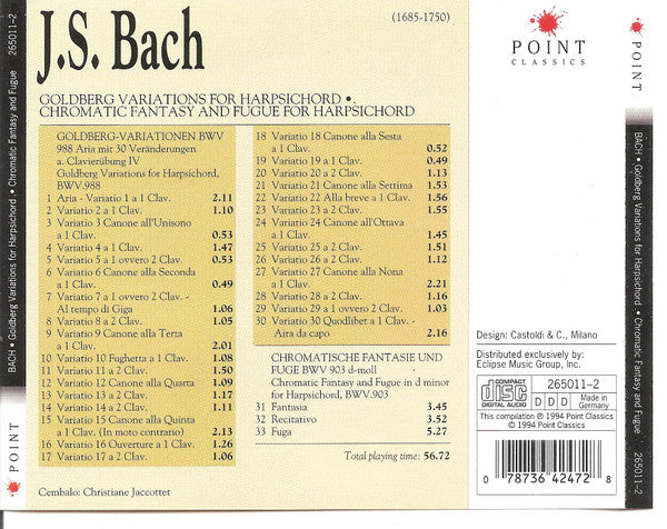 Johann Sebastian Bach, Christiane Jaccottet : Goldberg Variations For Harpsichord • Chromatic Fantasy And Fugue For Harpsichord (CD, Comp)