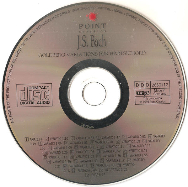 Johann Sebastian Bach, Christiane Jaccottet : Goldberg Variations For Harpsichord • Chromatic Fantasy And Fugue For Harpsichord (CD, Comp)