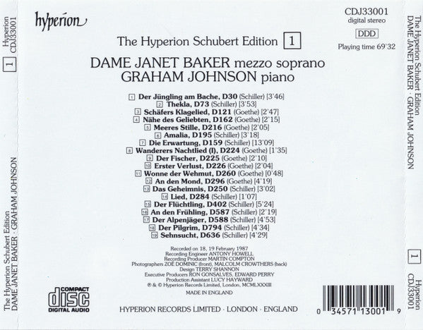 Dame Janet Baker*, Graham Johnson (2) : The Hyperion Schubert Edition 1 (CD, Album)