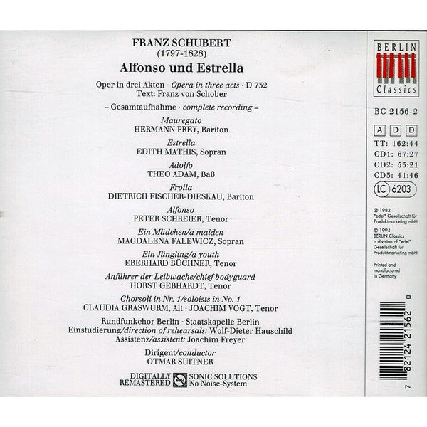 Franz Schubert - Prey* • Mathis* • Adam* • Fischer-Dieskau* • Schreier* • Rundfunkchor* Und Staatskapelle Berlin • Otmar Suitner : Alfonso Und Estrella (3xCD, Album, RE, RM)