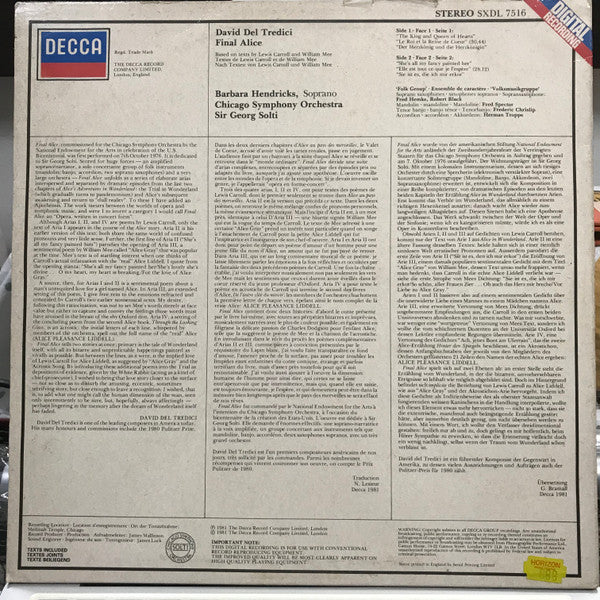 David Del Tredici / Barbara Hendricks, Chicago Symphony Orchestra, Georg Solti : Final Alice (LP, Album)