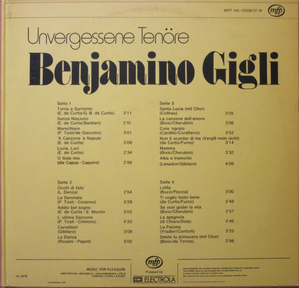 Beniamino Gigli : Unvergessene Tenöre (2xLP, Album, Comp, Mono)