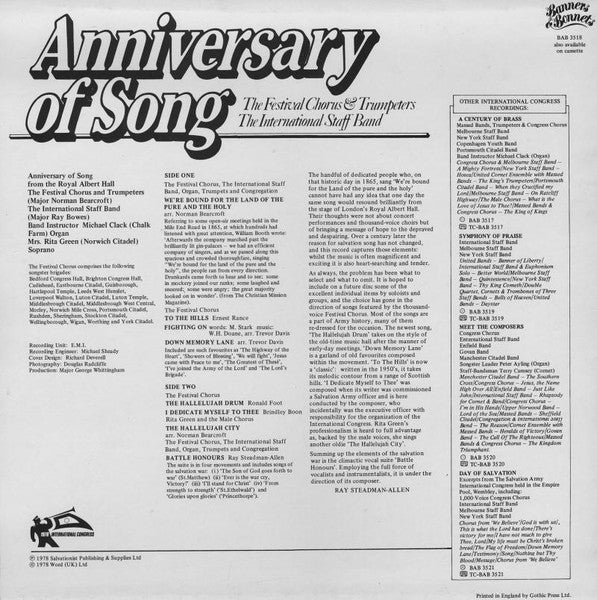 The Festival Chorus* & Trumpeters*, International Staff Band Of The Salvation Army : Anniversary Of Song (LP, Album)