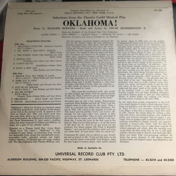 Richard Rodgers And Oscar Hammerstein II / "Oklahoma!" Orchestra And Chorus Directed By Jay Blackton : Oklahoma! (LP, Album, Club)