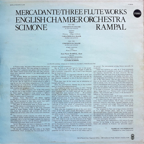 Giuseppe Saverio Mercadante, Jean-Pierre Rampal, English Chamber Orchestra, Claudio Scimone : Three Flute Works (LP, Album, Club)