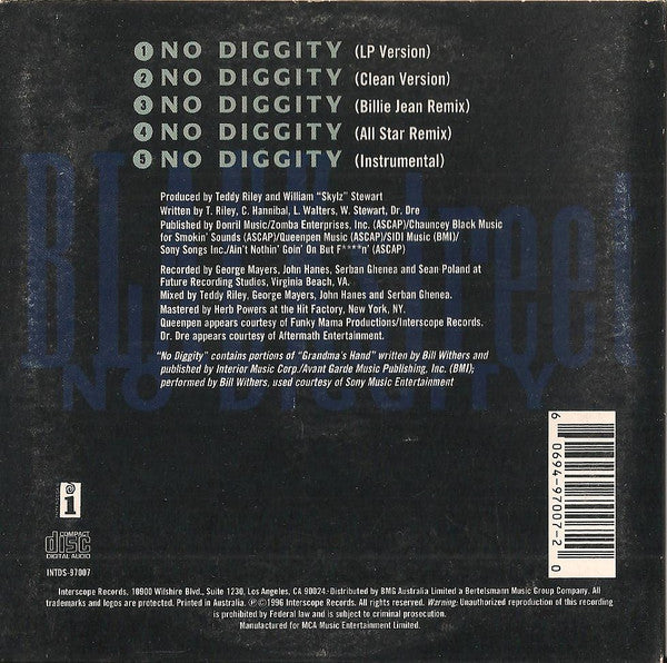 Blackstreet Featuring Dr. Dre : No Diggity  (CD, Single, M/Print)