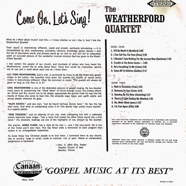 The Weatherford Quartet* : Come On, Let's Sing! (LP, Album)