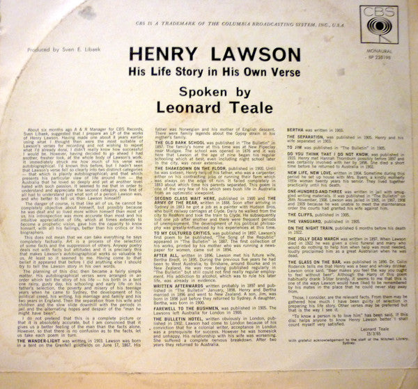 Henry Lawson Spoken By Leonard Teale : His Life Story In His Own Verse (LP, Album, Mono)