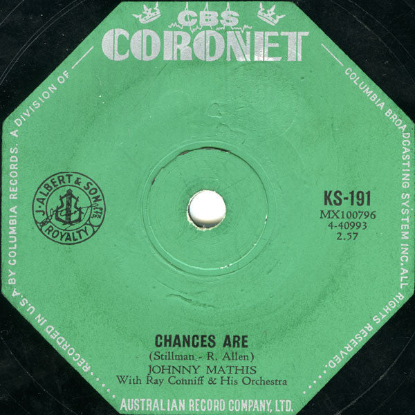 Johnny Mathis With Ray Conniff & His Orchestra : Chances Are (7", Single)