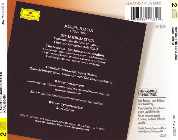 Joseph Haydn - Gundula Janowitz · Peter Schreier · Martti Talvela · Wiener Singverein · Wiener Symphoniker · Karl Böhm : Die Jahreszeiten = The Season = Les Saisons (2xCD, Album, RE, RM)