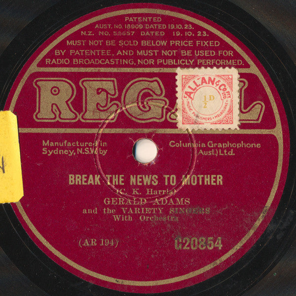 Gerald Adams And The Variety Singers : Daisy Bell (A Bicycle Made For Two) / Break The News To Mother (Shellac, 10")