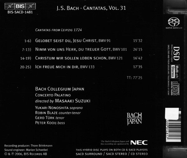 Johann Sebastian Bach, Bach Collegium Japan, Masaaki Suzuki : Cantatas 31: ►91 ►101 ►121 ►133 (Ich Freue Mich In Dir) (SACD, Hybrid, Multichannel)