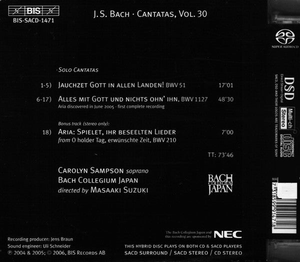 Johann Sebastian Bach, Bach Collegium Japan, Masaaki Suzuki, Carolyn Sampson : Cantatas 30: Aria ►BWV 1127 ♦ Cantata ►51 (Alles Mit Got ) (SACD, Hybrid, Multichannel)