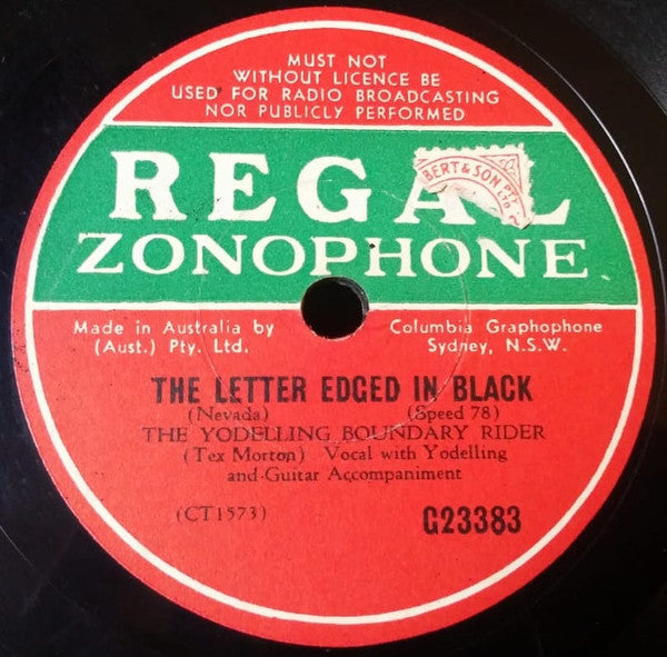 The Yodelling Boundary Rider : The Yellow Rose Of Texas / The Letter Edged In Black (Shellac, 10", RP)
