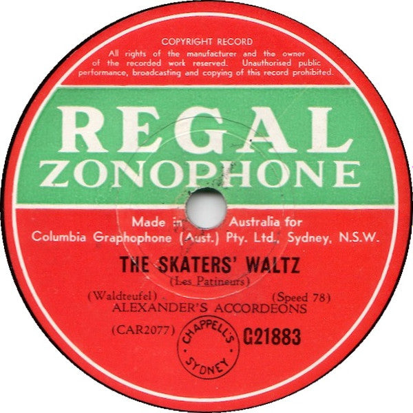 Alexander's Accordeons : Over The Waves / The Skaters' Waltz (Shellac, 10", RP)