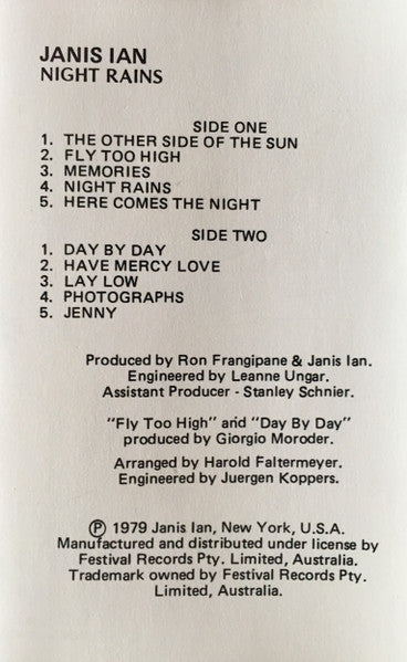 Janis Ian : Night Rains (Cass, Album)