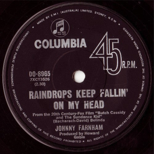 John Farnham : Raindrops Keep Fallin' On My Head (7", Single, Mono)