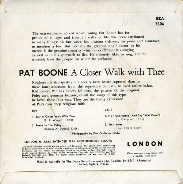 Pat Boone : A Closer Walk With Thee (7", EP, RE, Sol)