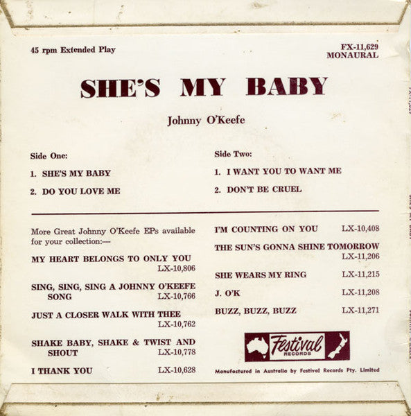 Johnny O'Keefe : She's My Baby (7", EP, Mono)