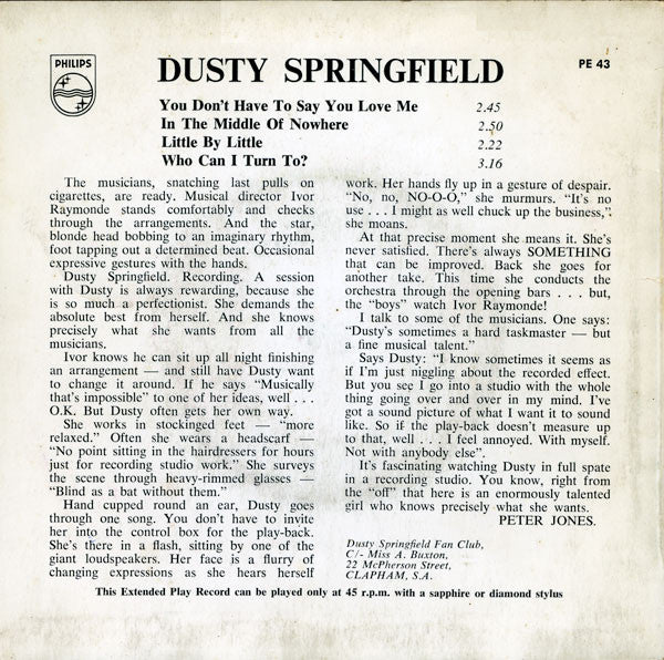 Dusty Springfield : You Don't Have To Say You Love Me (7", EP)