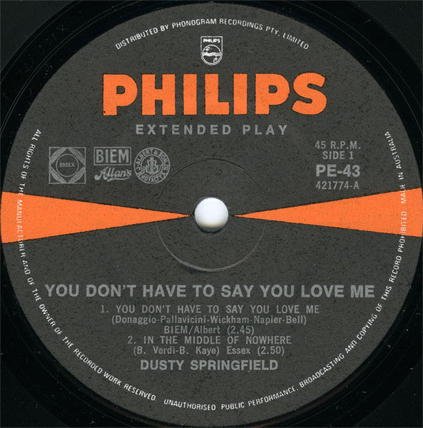 Dusty Springfield : You Don't Have To Say You Love Me (7", EP)