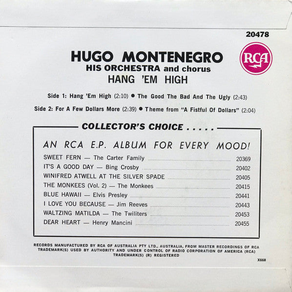 Hugo Montenegro, His Orchestra And Chorus : Hang 'Em High (7", EP)